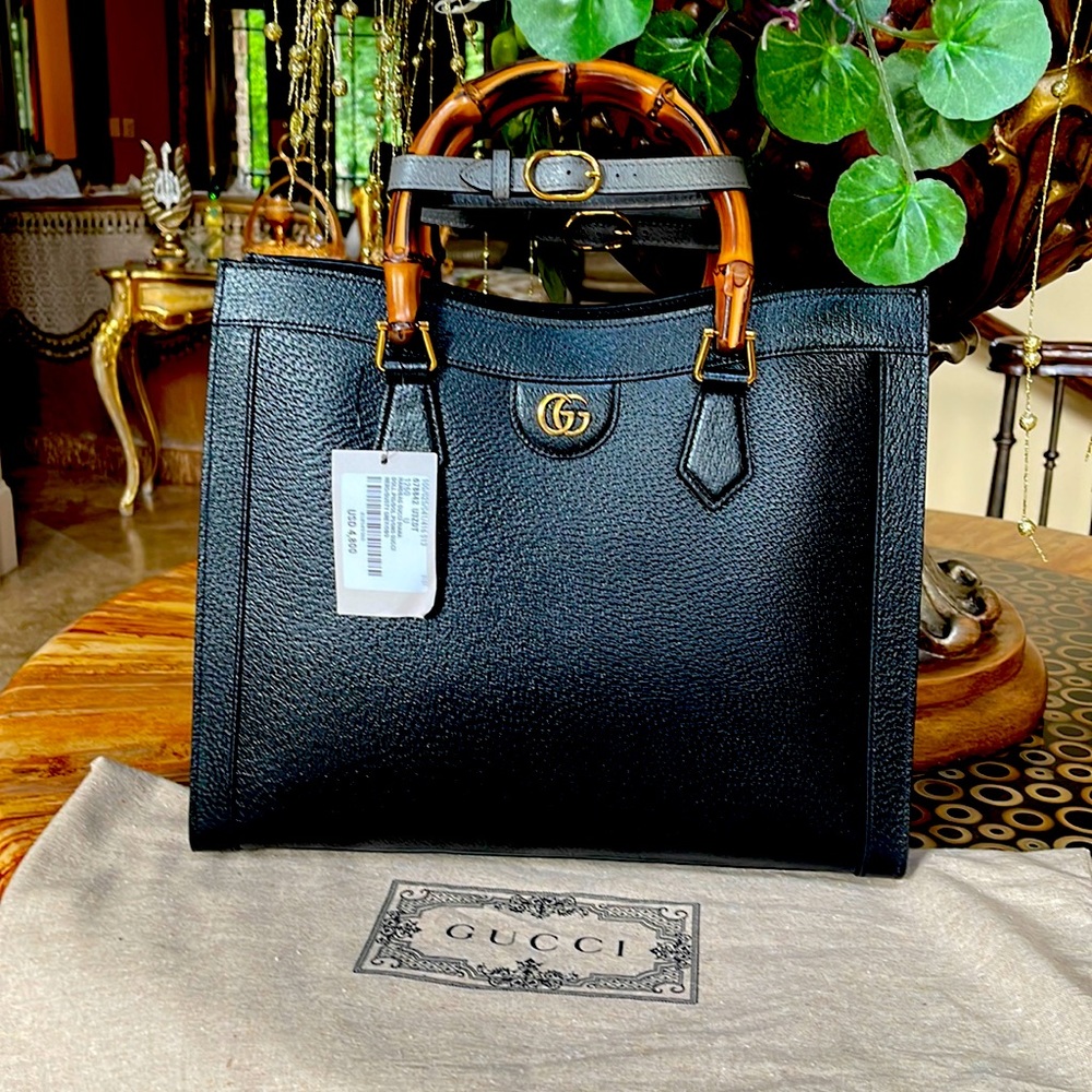 Gucci Black Pebbled Leather Tote with Bamboo Top Handles and Gold GG